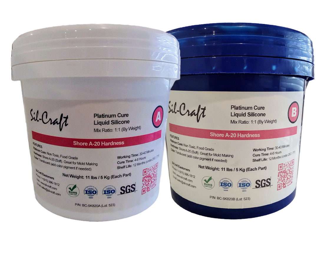 Two drums of Sil-Craft 820 platinum liquid silicone, showing both A and B components.