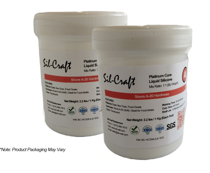 alt=Two 1k drums of Sil-Craft 720 platinum liquid silicone, showing both A and B components. Food-safe, soft Shore A-20 formula.