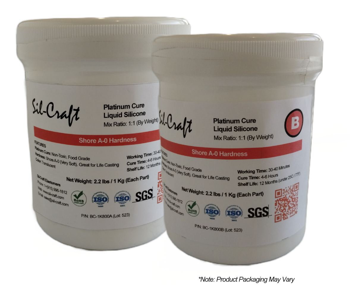 Two 1k (2.2lbs) containers of Sil-Craft 800 platinum liquid silicone, showing both A and B components. Skin-safe, very soft Shore A-00 formula.