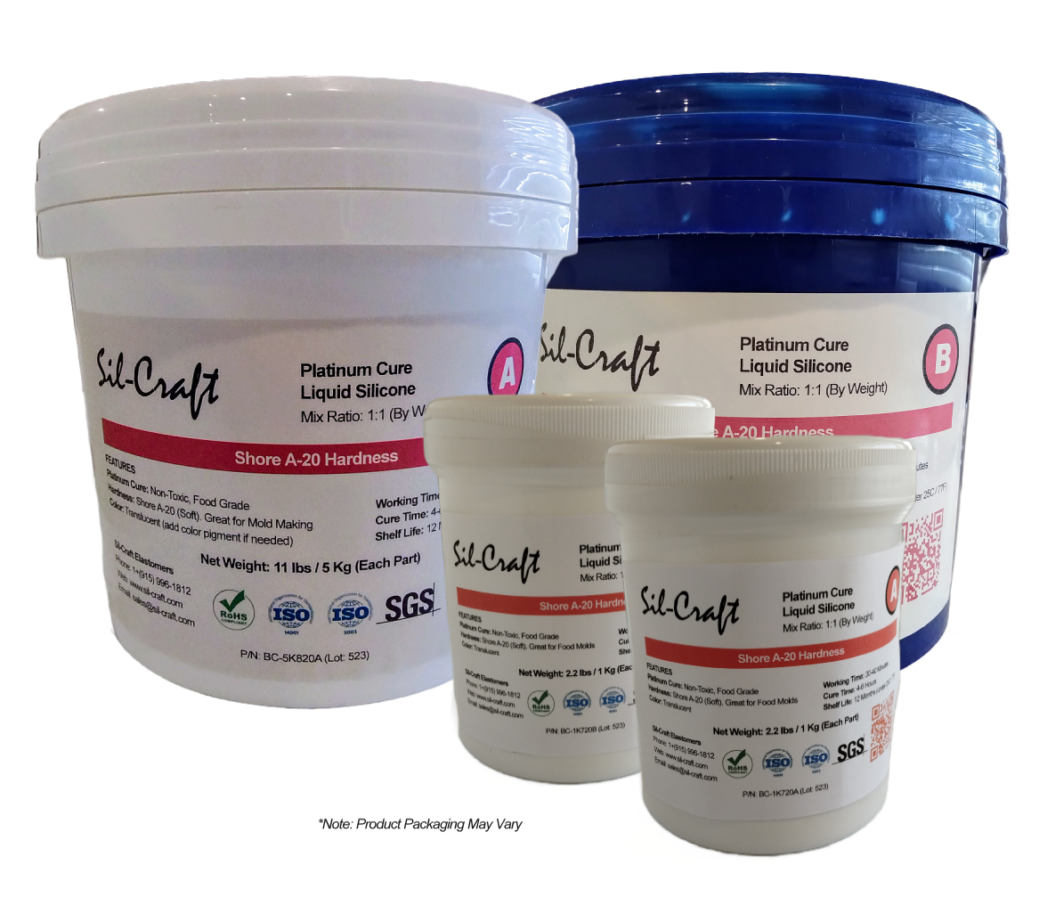 Two 5k and two 1k drums of Sil-Craft 720 platinum liquid silicone, showing both A and B components. Food-safe, soft Shore A-20 formula.