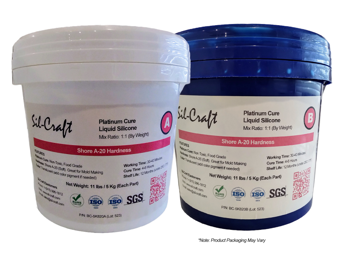 Two 5k drums of Sil-Craft 720 platinum liquid silicone, showing both A and B components. Food-safe, soft Shore A-20 formula.