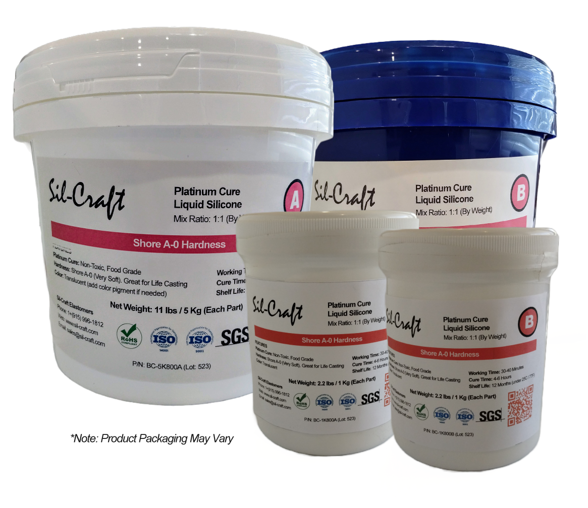 Two 5k (11lbs) containers and two 1k (2.2lbs) containers of Sil-Craft 800 platinum liquid silicone, showing both A and B components. Skin-safe, very soft Shore A-00 formula.