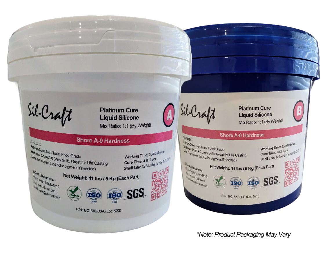 Two 5k (11lbs) containers of Sil-Craft 800 platinum liquid silicone, showing both A and B components. Skin-safe, very soft Shore A-00 formula.