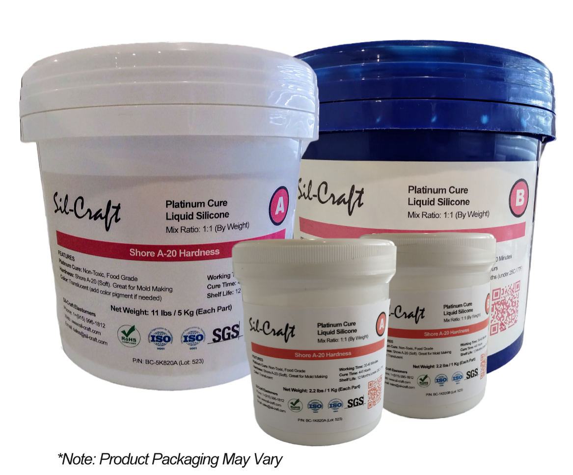 Two 5k drums and two 1k drums of Sil-Craft 820 platinum liquid silicone, showing both A and B components