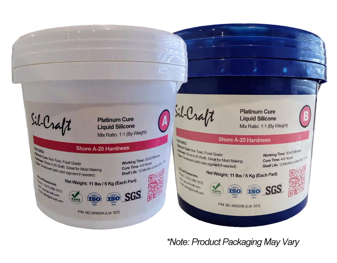 Two 5k drums of Sil-Craft 820 platinum liquid silicone, showing both A and B components"