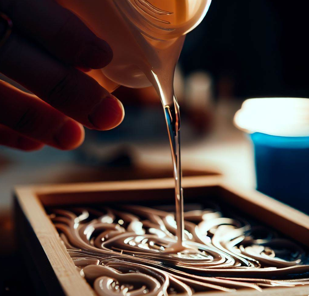 Man pouring clear resin into a detailed platinum liquid silicone mold.